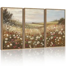 SHENIFY Vintage Framed Wall Art Meadow Wildflower 16x24in 3pcs Natural Frame picture