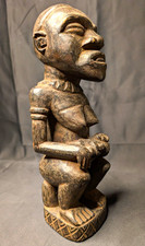 Vintage African Hand Carved Wood Maternity Figure Mother Child Seated Tribal Art picture