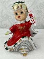 Rare Vintage Christmas Lefton Red Bloomer Girl Bell Figurine Holding Candy Cane picture
