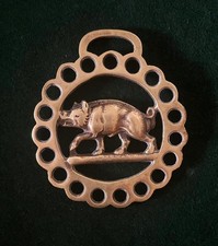 Vintage English Horse Harness Brass Medallion Wild Boar 3