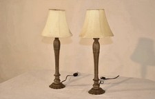 Vintage Artisan Lamp Co Table Lamps Pair 1990s Candlestick Metal Silk Shades USA picture