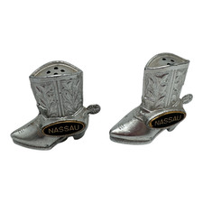 Vintage Tiny Metal Cowboy Boot Salt And Pepper Shakers Nassau Collectible Set picture