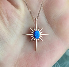 Pear Shape Blue Opal North Star Necklace Pendant in 14K Yellow Gold Over picture