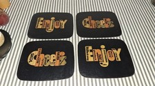 LOT OF 4 VTG MCM COUROC LEATHER Enjoy & Cheers 5x4 BARWARE BEVERAGE COASTER SET picture