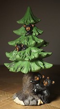 Black Bear Cubs Pine Tree Figurine Statue Rustic Cabin Lodge Wildlife Decor New picture