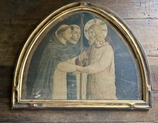 Vintage FRA ANGELICO “Christ as a Pilgrim” Framed Print Arched Wood Frame 1950s picture