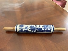 Vintage Blue Willow Ceramic And Wood Rolling Pin Chinoiserie Pagoda Landscape picture