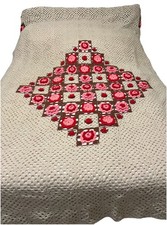 Vintage Handmade Crochet Bedspread 3D Flower Granny Squares 97inX83in W/ 2 Shams picture