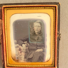 Antique 1850s Sixth Plate Tintype Ambrotype Photo Seated Boy Floral Velvet Case picture