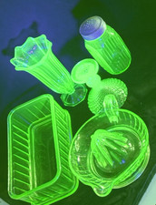Vtg Green Uranium Glass Lot of 5 Glows Candlestick Juicer Vase Refrig Dish Shake picture