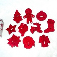 Vintage Christmas Cookie Cutters Red 1950’S HRM Plastic Original Set Of 10 MCM picture