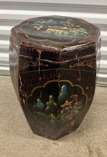 Antique Chinese Chinoiserie Lacquered Octagonal Rice Barrel Lidded 17.5” picture