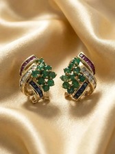 Estate Diamond Ruby Sapphire Emerald Omega Back Earrings 14k Yellow Gold Plated picture