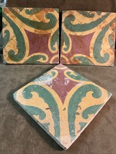 Antique Architectural Hand Decorated Thick Tile Lot Of 3 red yellow green colors picture