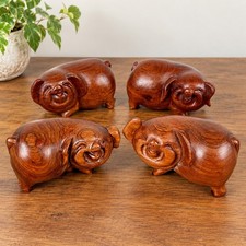 Vintage Hand Carved Wood Happy Lucky Pig Figurines Set of 4 Rosewood Style picture
