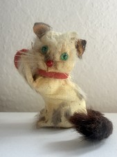 Vintage 1950s Fuzzy Fur Cat Figurine Green Glass Eyes Red Ball Kitsch 2.5” picture