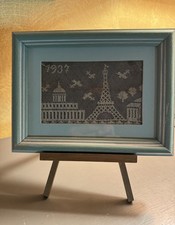 Vintage 1937 Paris Eiffel Tower Lace Textile  Framed French Art scene displayed  picture