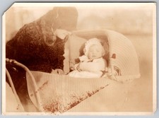Vtg B&W Snapshot Mother Fur Coat Cloche Hat Baby Bonnet Buggy Stroller 1920s picture