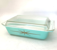Pyrex Atomic Starburst Turquoise Blue 2 QT Casserole Dish W/Lid. 575-B Near Mint picture