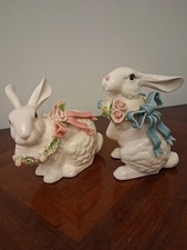 Vintage 1980s Ceramic Easter Bunny Figurines - Matching Pair (Pink & Blue) picture