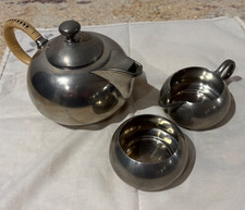 Vintage KMD Royal Holland Pewter Tea Set Daalderop Teapot Creamer Sugar Bowl Mid picture