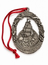 Vintage 1998 Josef Pewter Sailing Ship Christmas Ornament Season’s Greetings USA picture