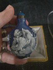 Antique Chinese Blue And White Stone Intricately Carved Statue Snuff Bottle picture