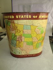Vintage 60s Weibro United States Of America Relief Map Metal Trashcan 11.5x11” picture