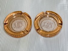 Pair Vintage Pink Peach Glass Monogram Ashtrays Set Mid Century Barware Smoking picture