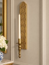 One VTG Antique Gold Metal Taper Candle Wall Sconces Hollywood Regency 21” picture