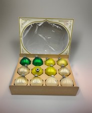 Vintage Shiny Brite 12 Glass Ornaments USA Green Yellow Silver SECONDS Box picture