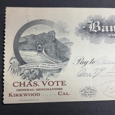 1915 Bank Check Of Orland California Dam Vignette Gen Merch Kirkwood California picture