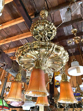 Great VTG 3 Tiered SHEFFIELD STYLE Chandelier Old NUART Shades 44 1/2” vertical picture