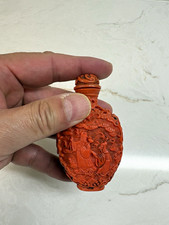 Chinese Carved Red Snuff Bottle, Figure & Dragon Design, Decorative Collectible picture