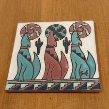 Earthtones Southwest Howling Coyotes Saguaro Cactus Ceramic Tile Trivet Vtg 1990 picture