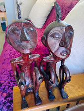 Pair of Carved Wood Tribal People Figurines Sculptures Brown/Black (2 Pack) picture
