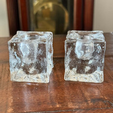 Vintage Clear Glass Ice Cube Candle Holders Pair MCM Blenko Style Taper Blocks picture