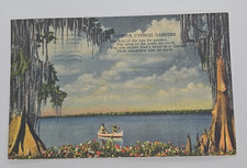Vintage 1940's Florida Cypress Gardens Linen Postcard Posted Canoeing Flowers picture