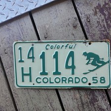Vintage 1958 Colorful Colorado Skier Single License Plate A 14 H 114 Original picture