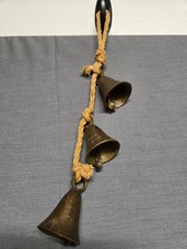 Vintage India Brass Hanging Bell Chime Braided Rope 1970's picture
