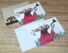 2 Vtg Maine Moose in Pajamas Antler Ornaments Holly 5x7 Holiday Christmas Cards picture