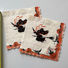 2 Vtg Halloween crepe Napkins Witch Flying on Broom, Pumpkins & Bats scalloped picture