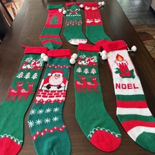 Lot of 7 Vintage Knit Christmas Stockings 24” Assorted Holiday Designs Stocking picture