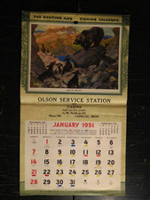 Vintage 1951 Cadillac, Michigan Olson's Serv. & Cabins Hunting Fishing Calendar picture