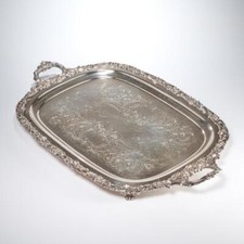 Antique Silverplate Floral Repousse Large Tea Set Serving Salver Tray Handles picture