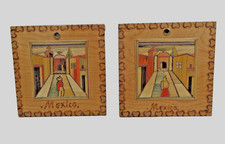 2 Vintage Mexican Popotillo Straw Folk Art Mosaic Wall Plaques 4.5