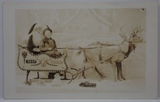 ANTIQUE DOPS RPPC SANTA SLEIGH w/ GIRL MARX TOYS & REINDEER DEPT. STORE POSTCARD picture
