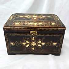 Vintage Handcrafted Inlaid Wood Jewelry Box Mother of Pearl Purple Velvet 10