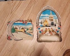 Vintage West Germany Die Cut Out Embossed Paper Winter Church House Bird Trees picture