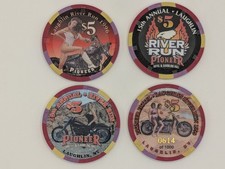 Set of (4) Pioneer (Laughlin) $5 Casino Chips, River Run 1996-1999, Near Mint picture